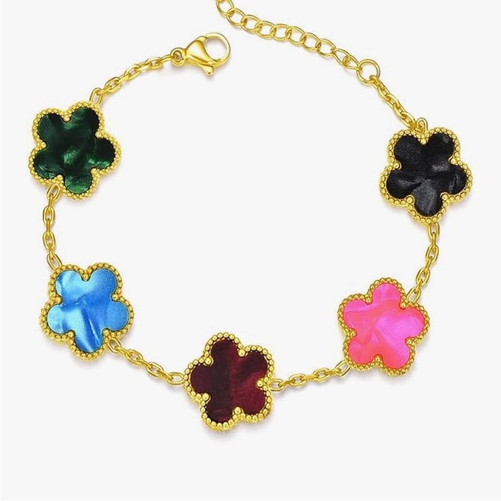18K Gold Lucky Clover Bracelet Five Color Enamel Dainty Lucky Charm Floral